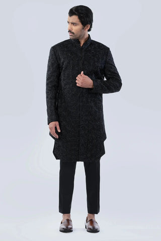 Black thread work and bead embroidered sherwani