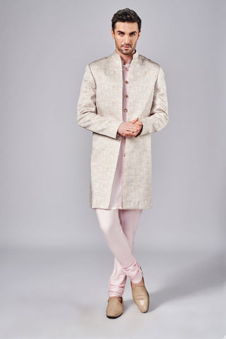 Pink all over printed open sherwani