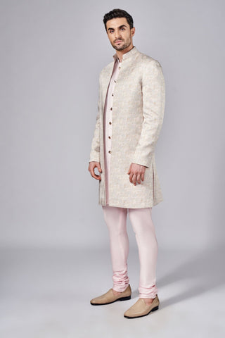 Pink all over printed open sherwani