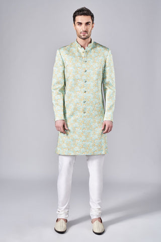 Multicolor all over printed sherwani with printed fabric button