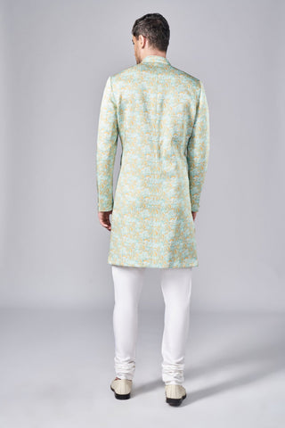 Multicolor all over printed sherwani with printed fabric button