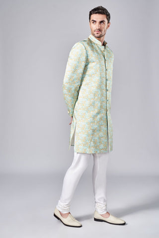 Multicolor all over printed sherwani with printed fabric button