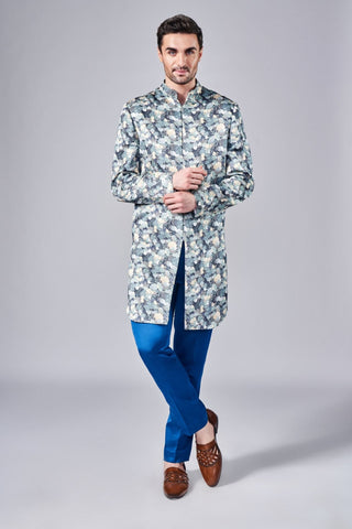 Blue all over printed sherwani with consealed placket