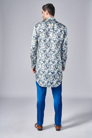 Blue all over printed sherwani with consealed placket