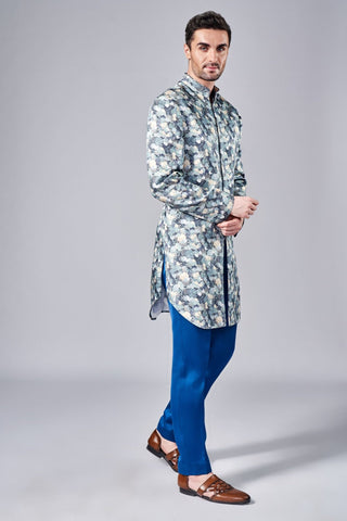 Blue all over printed sherwani with consealed placket