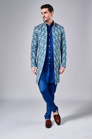 Blue thread cut dana embroidered open sherwani