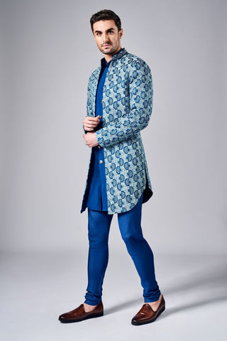 Blue thread cut dana embroidered open sherwani