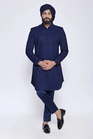 Blue resham and cut dana embroidered bucket cut sherwani