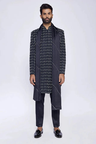 Black bead and cut dana embroidered consealed sherwani