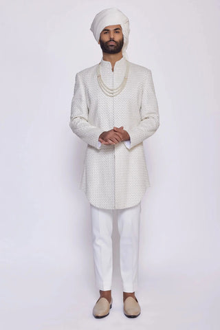 Ivory french knot cut dana embroidered consealed sherwani