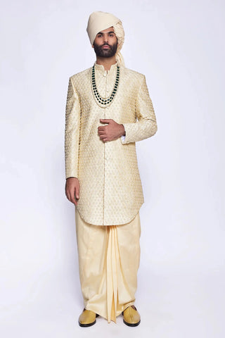 Beige french knot cut dana embroidered show button sherwani