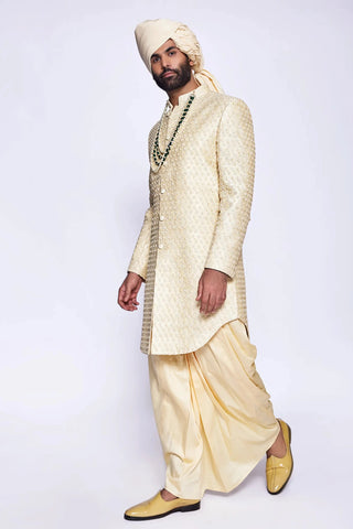 Beige french knot cut dana embroidered show button sherwani