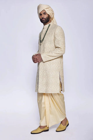 Beige all over french knot embroidered consealed sherwani