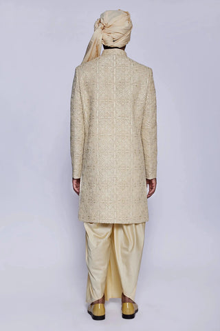 Beige all over french knot embroidered consealed sherwani