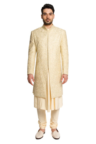 Beige dori sequins cut dana embroidered sherwani set