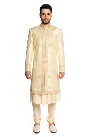 Beige beads all over motifs sherwani set