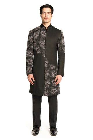 Black bead cut dana embroidered placement sherwani set