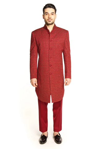 Maroon resham thread work and cut dana embroidered sherwani set