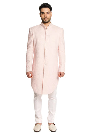 Pink thread work cut dana french knot embroidered bucket cut sherwani set