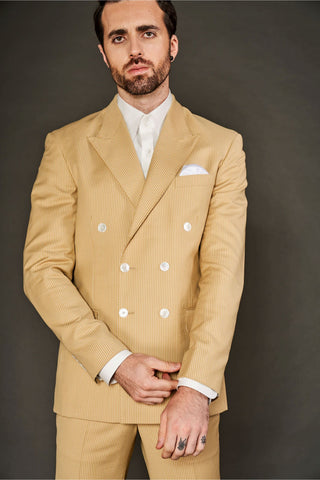 Beige pin stipe double breasted suit