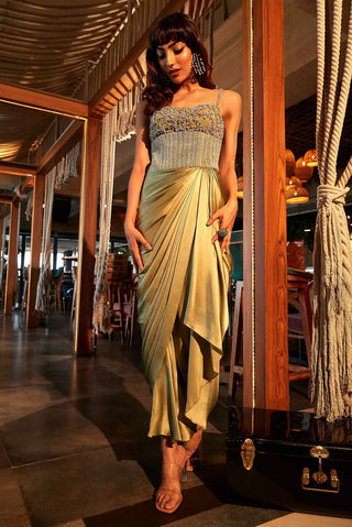 Sage green draped pearl corset dress