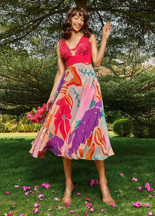 Printed midi-dress with ruched bodice