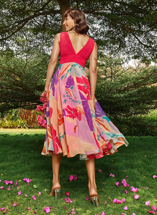 Printed midi-dress with ruched bodice