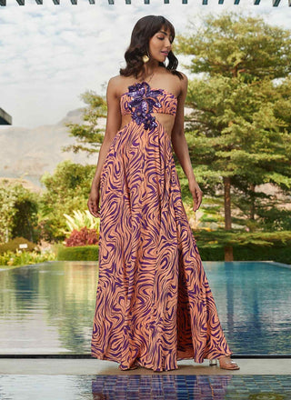 Peach cut out printed maxi dress