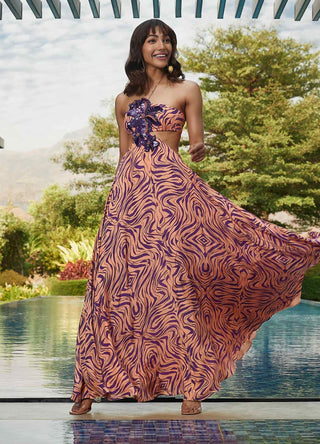 Peach cut out printed maxi dress