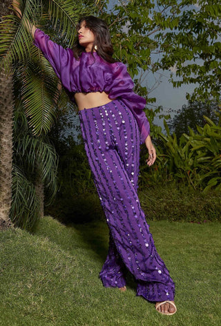 Purple organza ruched top and pants