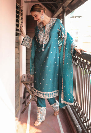 Teal blue chanderi embroidered kurta set