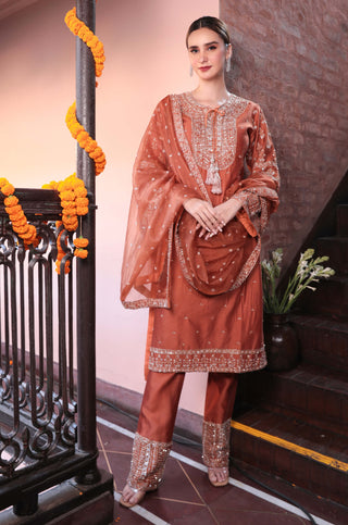 Rust chanderi embroidered kurta set