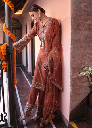 Rust chanderi embroidered kurta set