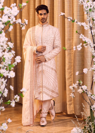 Pearl silk geometric sherwani set