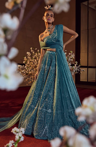 Teal blue embroidered lehenga set