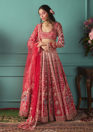 Red peacock lehenga set