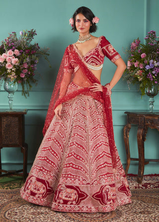 Red elephant elements lehenga set