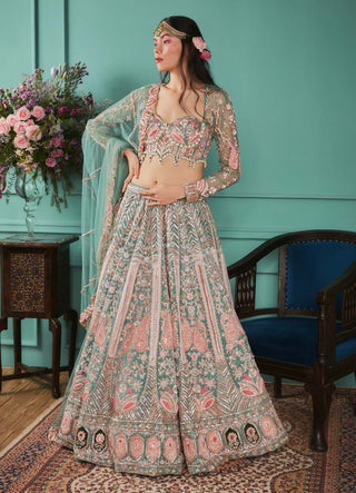 Dark green french floral motifs lehenga set