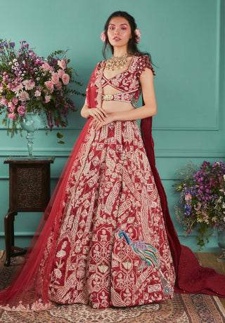 Red peacock elements lehenga set