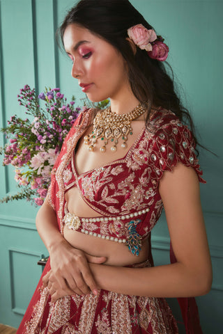 Red peacock elements lehenga set