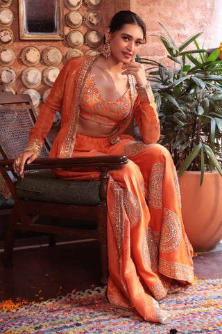 Orange tissue chanderi jacket sharara set