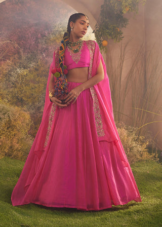 Hot pink silk organza cape, blouse and skirt