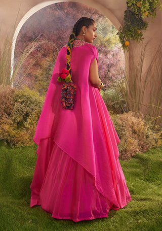 Hot pink silk organza cape, blouse and skirt