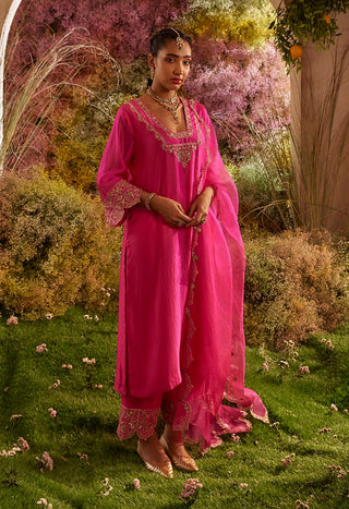 Hot pink silk organza kurta set