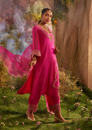 Hot pink silk organza kurta set