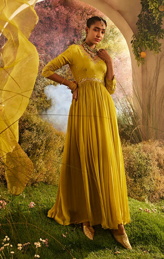 Mustard silk anarkali and dupatta