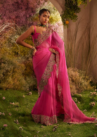 Hot pink silk organza saree and blouse piece