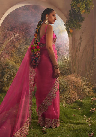 Hot pink silk organza saree and blouse piece