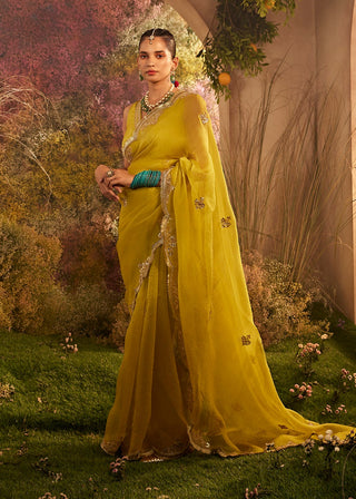 Mustard organza saree and blouse piece