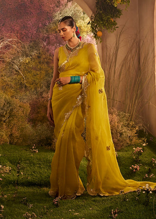 Mustard organza saree and blouse piece